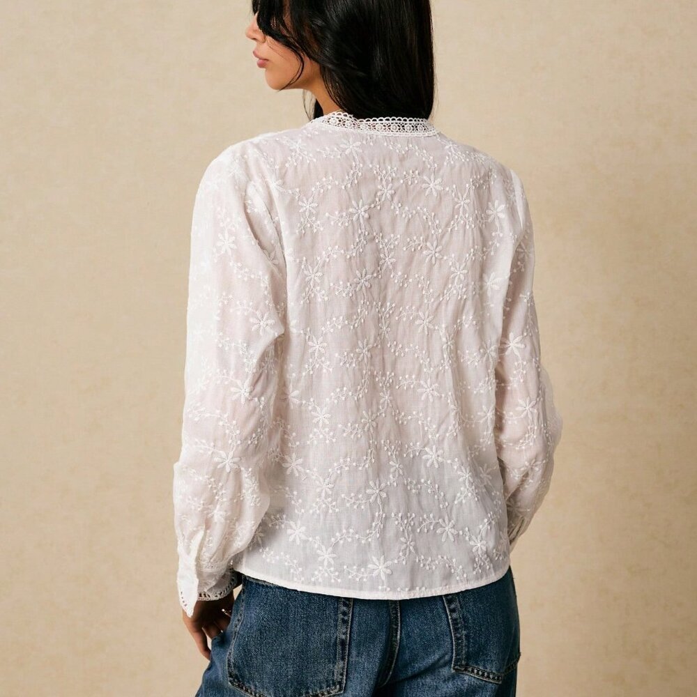 White Boho Women's Elegant Long Sleeve Blouse - Picture 2 of 7